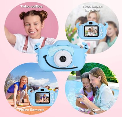 Camera foto digitala pentru copii, functie foto/video, 12MP, 5 Jocuri Incluse, Slot Card MicroSD Max. 32GB Albastra