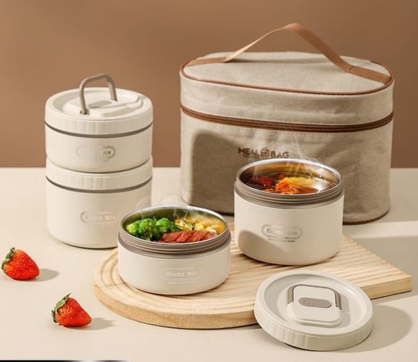 Set 4 caserole din inox pentru calatorie cu geanta, bej - imagine 2