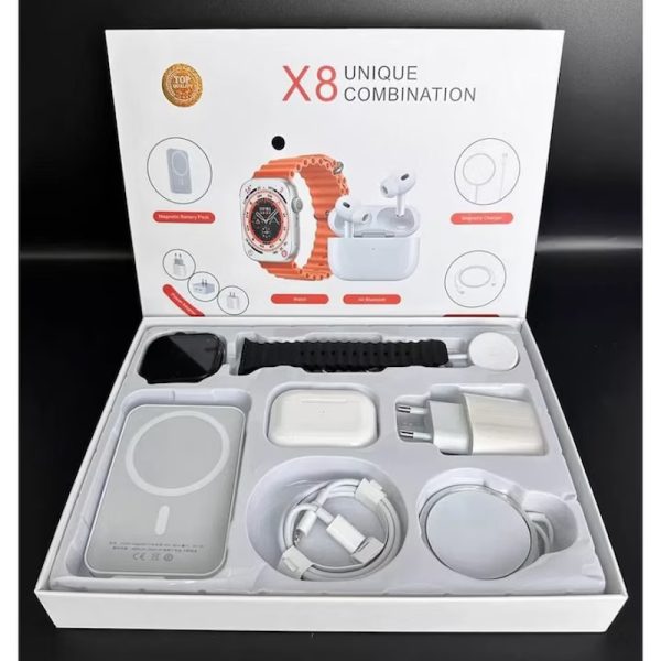 Smartwatch X8 , casti in-ear wireless, incarcator, cabluri, baterie externa, 8 in 1, negru - imagine 2