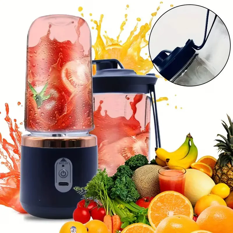 Mini Blender Portabil Electric, Cu Acumulator, 2 Recipiente, 6 Lame 3D, 300 ml, Albastru - imagine 4
