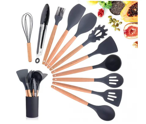 Set 12 Ustensile de Gatit din Silicon cu Maner Rezistent din Bambus si Suport, Negru - imagine 2