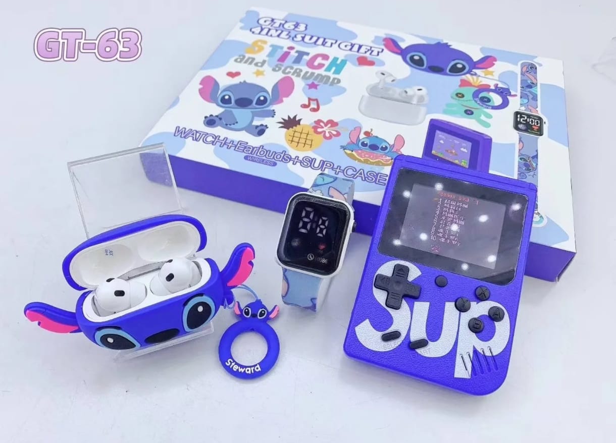 Set cadou 4 in 1 ,ceas ,consola casti si breloc stich albastru - imagine 2