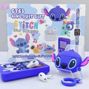 Set cadou 4 in 1 ,ceas ,consola casti si breloc stich albastru