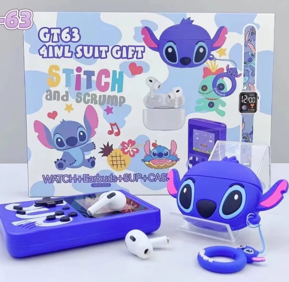 Set cadou 4 in 1 ,ceas ,consola casti si breloc stich albastru