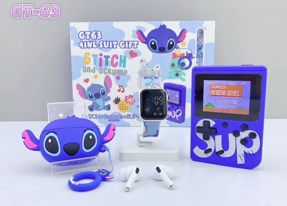 Set cadou 4 in 1 ,ceas ,consola casti si breloc stich albastru - imagine 4